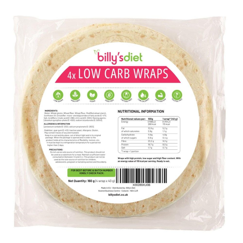 Billy's Diet | 2x4x40g Low Carb Wraps | 4.4g of Carbs, 123 Calories, 8.8g of Protein, Vegan, High Fibre and Keto Wraps, High Protein Bread and Keto Snacks, Palm Oil Free