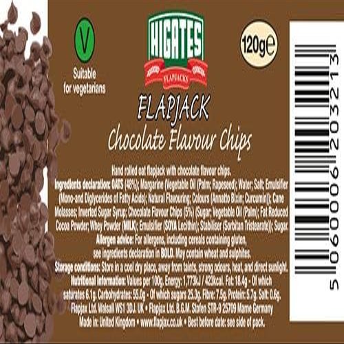Chocolate Chip Oat Flapjacks (Case of 30 x 120g) High Energy 435kcal Snack Bars Rich Chocolate Chip & Golden Syrup Oats Individually Wrapped Bulk Pack for Fitness, Work, & Travel, Higates FLAP