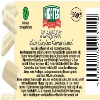White Chocolate Flapjacks (12x120g). Giant oat bars with a rich golden syrup base and creamy white chocolate topping. Individually wrapped for freshness. Perfect for on-the-go snacking.Higates Flap