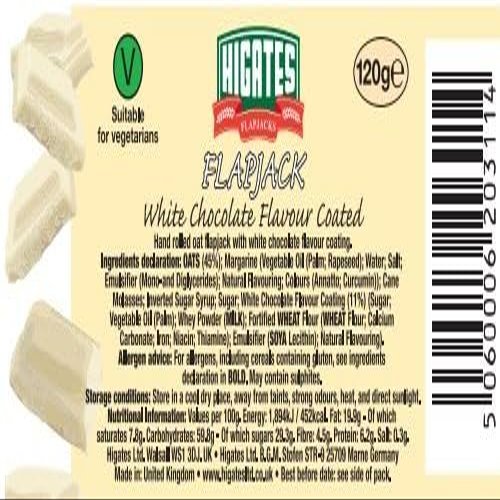 White Chocolate Flapjacks (12x120g). Giant oat bars with a rich golden syrup base and creamy white chocolate topping. Individually wrapped for freshness. Perfect for on-the-go snacking.Higates Flap