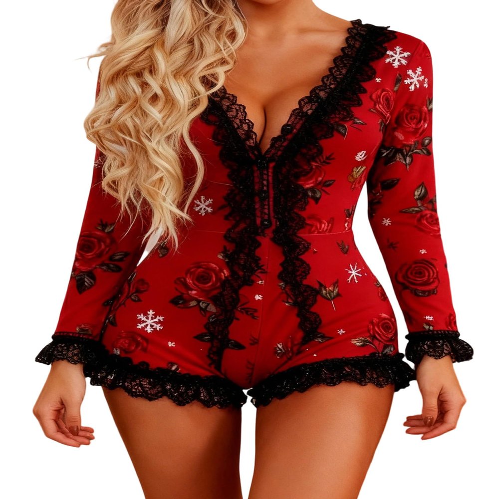 Anuedgis Women's Valentines Day Short Romper Pajamas Deep V Neck Long Sleeve Lace Trim Bodycon Bodysuit Sexy Lingerie Sleepwear (A-Red Flower, M)