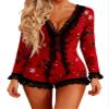 Anuedgis Women's Valentines Day Short Romper Pajamas Deep V Neck Long Sleeve Lace Trim Bodycon Bodysuit Sexy Lingerie Sleepwear (A-Red Flower, M) view 1