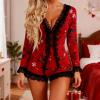 Anuedgis Women's Valentines Day Short Romper Pajamas Deep V Neck Long Sleeve Lace Trim Bodycon Bodysuit Sexy Lingerie Sleepwear (A-Red Flower, M) view 3