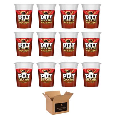 Instant Pot Noodles | Beef & Tomato, Chicken & Mushroom, Original Curry & Bombay Bad Boy | Quick & Easy Ready Meal Snack Pots | Cup Noodles Variety - 90g (Case of 12, Beef & Tomato 90g)