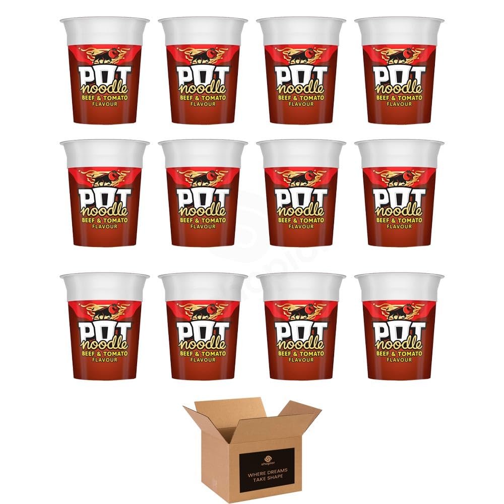 Instant Pot Noodles | Beef & Tomato, Chicken & Mushroom, Original Curry & Bombay Bad Boy | Quick & Easy Ready Meal Snack Pots | Cup Noodles Variety - 90g (Case of 12, Beef & Tomato 90g)
