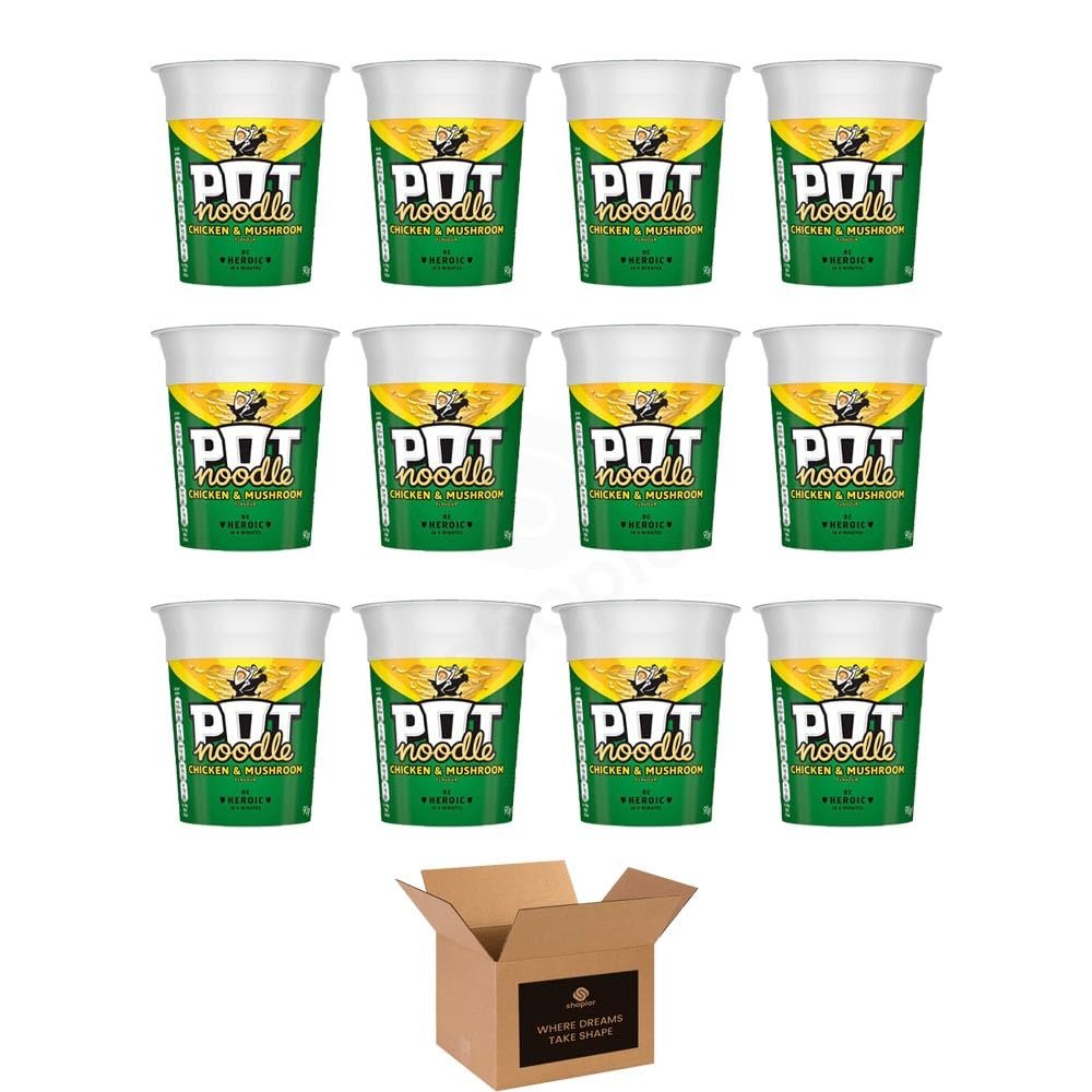 Instant Pot Noodles | Beef & Tomato, Chicken & Mushroom, Original Curry & Bombay Bad Boy | Quick & Easy Ready Meal Snack Pots | Cup Noodles Variety - 90g (Case of 12, Chicken & Mushroom 90g)
