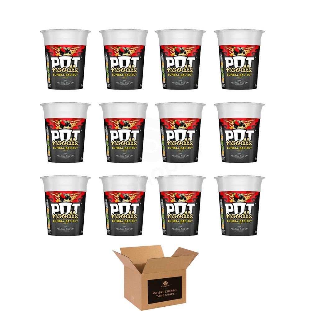 Instant Pot Noodles | Beef & Tomato, Chicken & Mushroom, Original Curry & Bombay Bad Boy | Quick & Easy Ready Meal Snack Pots | Cup Noodles Variety - 90g (Case of 12, Bombay Bad Boy 90g)