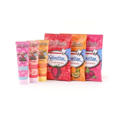 Dr. Bauer's Lovely Friends Toothpaste Set for Children, 3 Tubes of Glitter, 3 Xylinette Sweets, Sugar-Free, Tooth-Friendly, Developed by Dentists