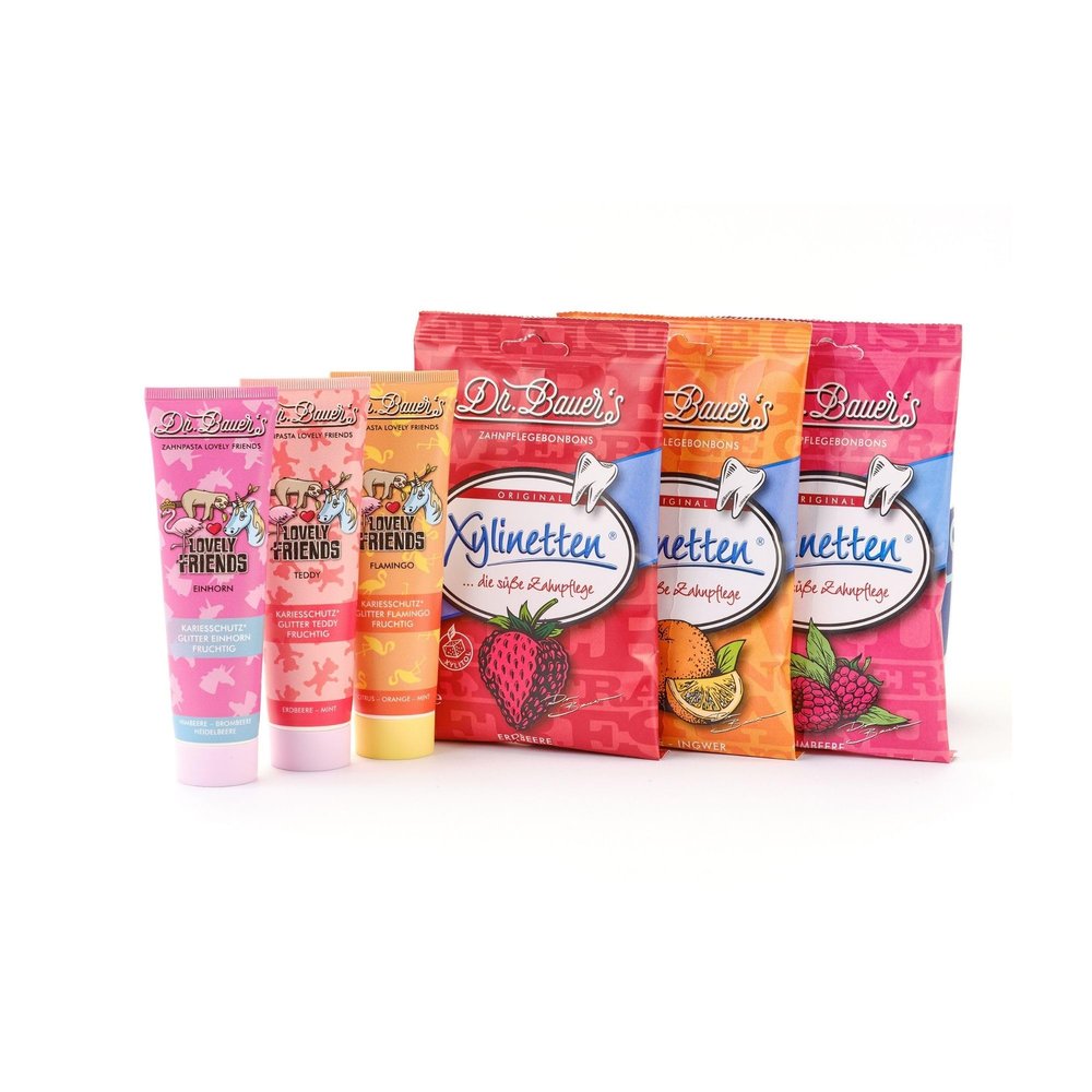 Dr. Bauer's Lovely Friends Toothpaste Set for Children, 3 Tubes of Glitter, 3 Xylinette Sweets, Sugar-Free, Tooth-Friendly, Developed by Dentists