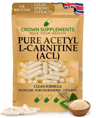 Pure Acetyl L-Carnitine Capsules (ALCAR) | High Strength Acetyl-L-Carnitine Supplement | Crown Supplements (180 Capsules)