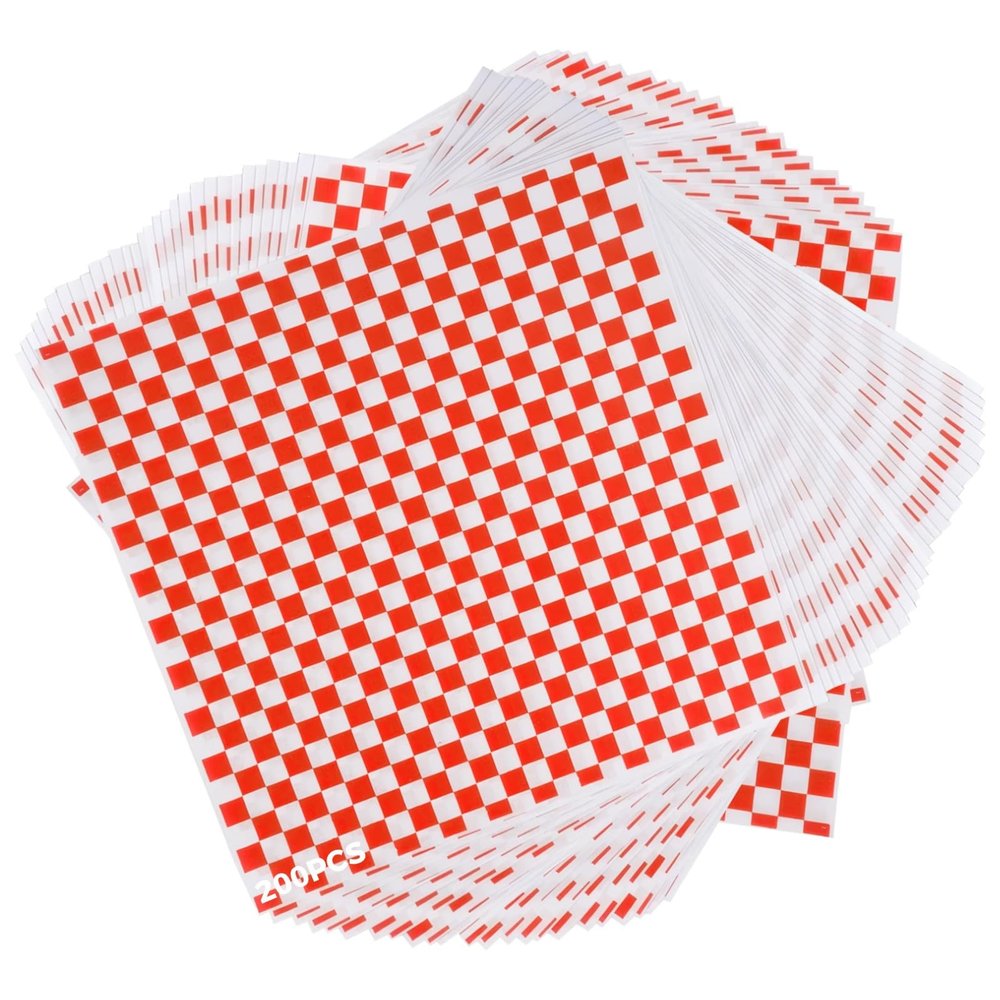 200 Red Checkered Wax Deli Liners, 7.1 X 7.1 In Inserts For Food Baskets, Greaseproof For Sandwiches & Fries