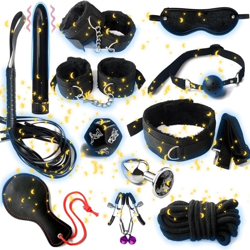 12 Piece Adjustable Nylon Bedroom Training Set, Sleep Eye Mask, Feather Stick, For Role-Playing - D2Black