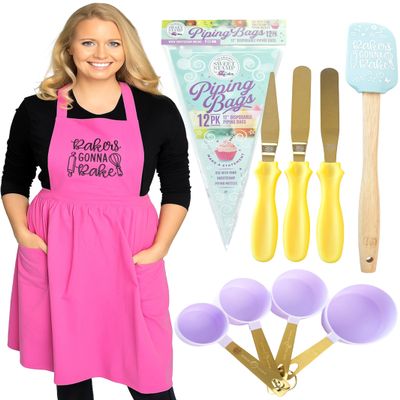 Cake Decorating Kit with Piping Bags, Spatula, Measuring Cup Icing Piping Kit, Linen Bakers Gonna Bake Pink Apron Baking Essentials & Baking Accessories for Adults