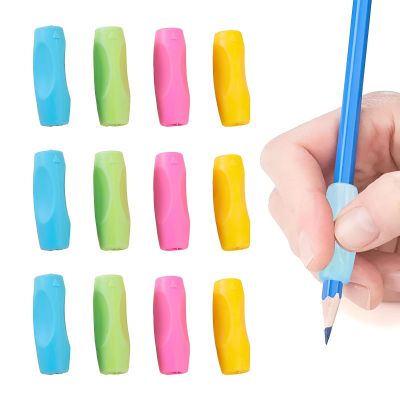 12 Pcs Pencil Grips for Adults Toddlers, Ergonomic Silicone Pencil Grip for Children Handwriting, Soft Pen Grips Kids Writing Aid, Pen Holder Grip Writing Tool for School Office (Four Colors)