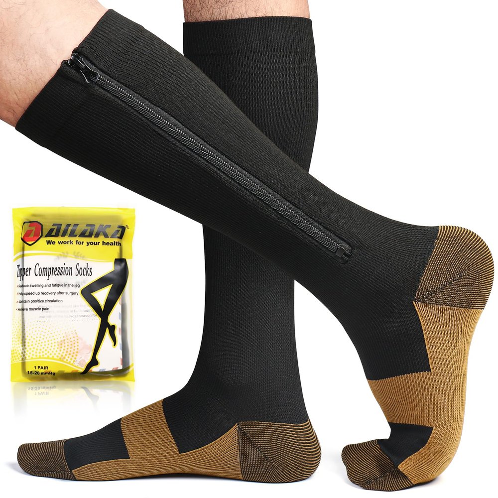 Ailaka 15-20 mmHg Zipper Compression Socks for Women Men, Closed Toe Support Graduated Medical Varicose Veins Hosiery, Perfect for Athletics, Running, Flight Travel, Support, Edema, Pregnancy