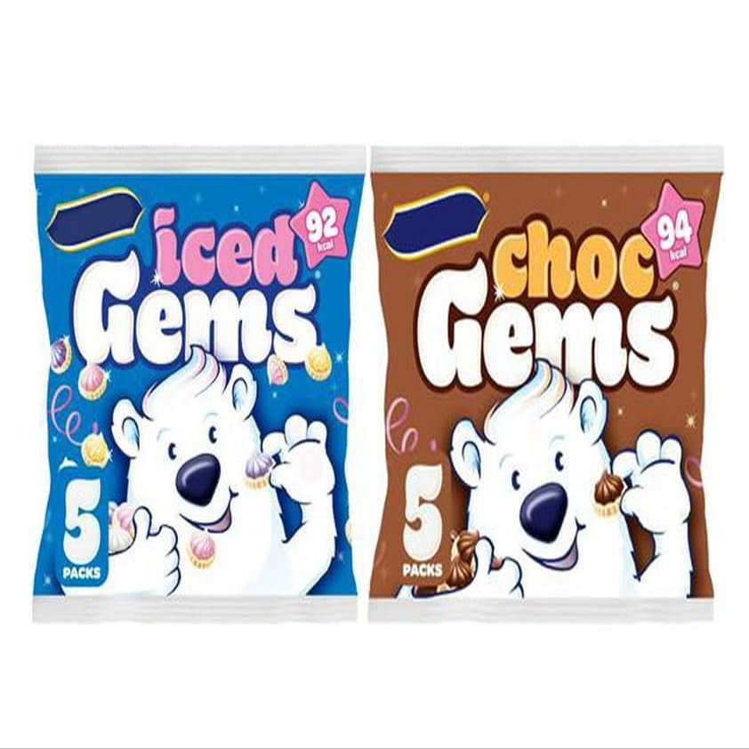Iced Gems Multipack Biscuits 5x23g, Iced and Chocolate Multipack Biscuits 5x19g, No Artificial Colours or Flavours, Suitable for Vegetarians, Pack of 2