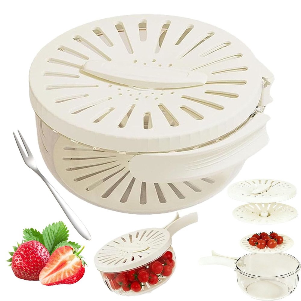 2-in-1 Draining and Preservation Basket : Simplify Washing & Storing, Multi-Functional Fruit and Vegetable Washing Bowl, Fruit Washer with Strainer, Lid, and Handle (Beige-M)