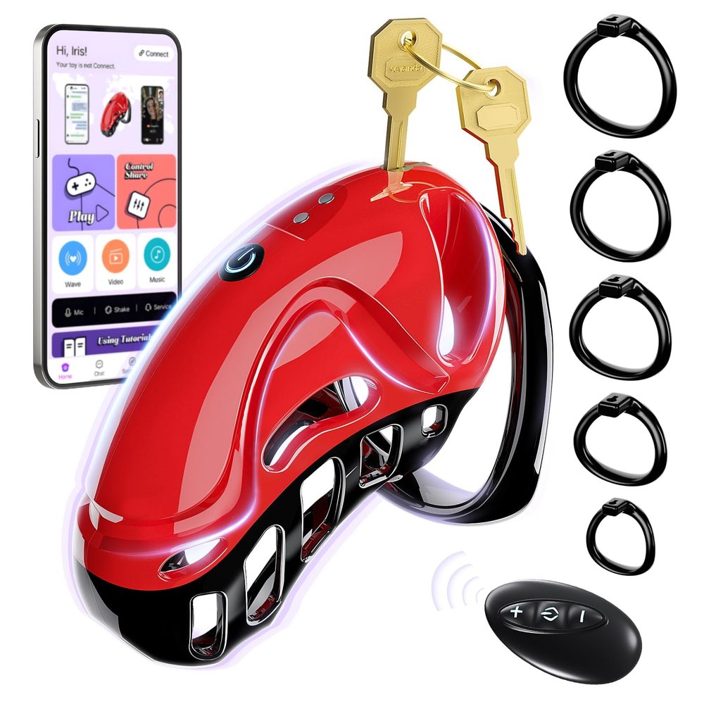 Male Chastity Device with App & Remote Control - Adjustable Cock Cage Set, 5 Rings, 10 Vibration Modes for Adult Exercise Gear RF8K45