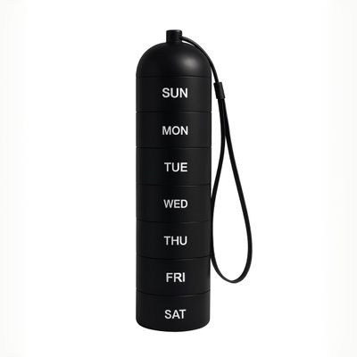 Weekly Travel Pill Organizer with Keychain, 7 Day Portable Pill Box, Aluminum Alloy, 15.5 x 3.8 cm, Available in Black, Silver, Purple, Rose Gold, Blue (Black)