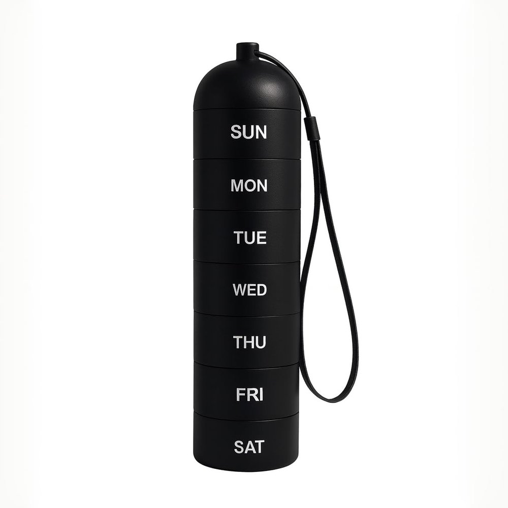 Weekly Travel Pill Organizer with Keychain, 7 Day Portable Pill Box, Aluminum Alloy, 15.5 x 3.8 cm, Available in Black, Silver, Purple, Rose Gold, Blue (Black)