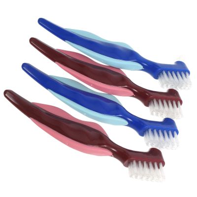 FreshCart Basics 4Pcs Denture Cleaning Brushes Double-Sided Toothbrushes for Seniors, Portable Denture Care Tool with Red and Blue Handles, Suitable for Travel and Daily Oral Hygiene