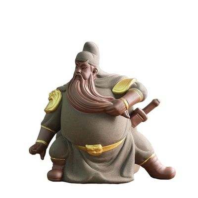 MIOHAO Purple Sand Tea Pet Decoration Zhongyi Guan Gong Creative Hand-carved Tea Pet Tea Tray Ceremony Crafts(Khaki)