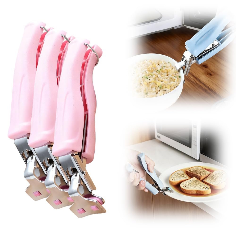 3 Pcs Hot Plate Grippers, 2026 Upgraded Multi Purpose Hot Plate Gripper, Anti-Scald Bowl Dish Grippers for Kitchen (Pink)