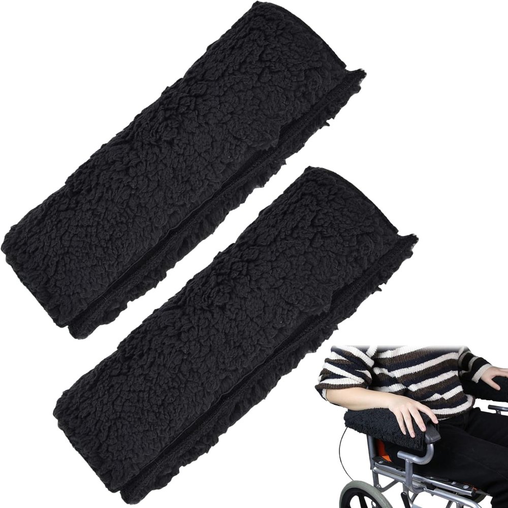 1 Pair Wheelchair Arm Covers Soft & Comfortable Sherpa Wheelchair Armrest Pads with Fastening Tape Non-Slip Black Chair Arm Covers for Elderly, Patient