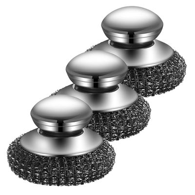 Stainless Steel Scourer, Portable Scrubbing Brush with Handle, Washing Up Scourer, Scouring Pad Ball, Pan Scourers for Cleaning Pan Grill Dish Pot (3pcs)