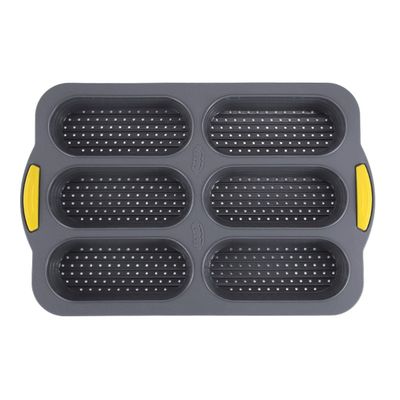 Vilgftyiet 4-Cavity Silicone Hot Dog Bun Pan, 37.5x24.5x3.2cm Non-Stick Baking Tray for Rolls, Muffins, Cupcakes and Brownies (Gray)