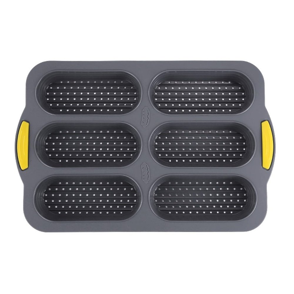 Vilgftyiet 4-Cavity Silicone Hot Dog Bun Pan, 37.5x24.5x3.2cm Non-Stick Baking Tray for Rolls, Muffins, Cupcakes and Brownies (Gray)