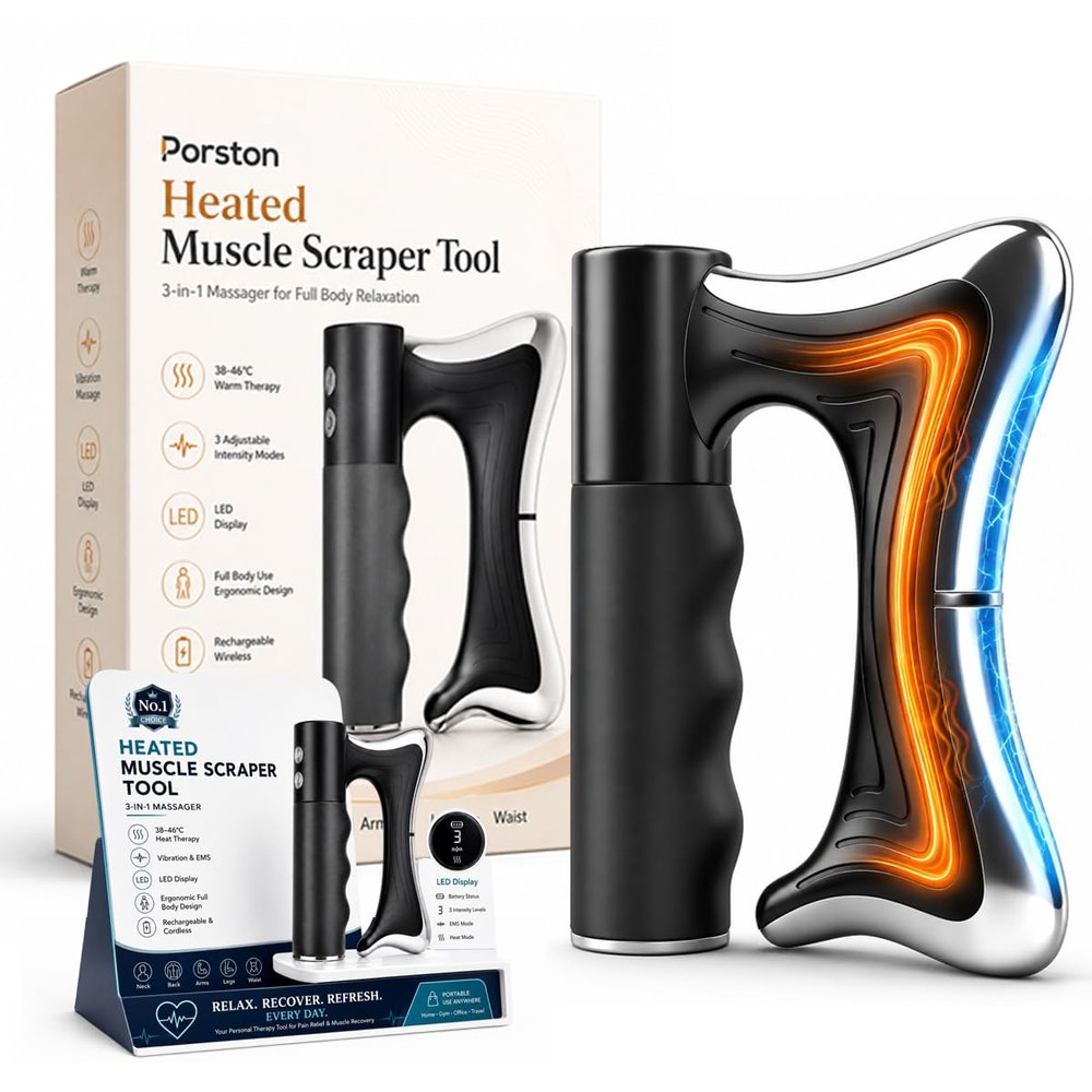 Porston Full Body Contour Device with Heat & EMS,2026 New Electric Muscle Scraper Tool,Fascia Knife for Muscle Relaxation & Deep Tissue with LED Display for Whole Body Arm Waist Leg Care