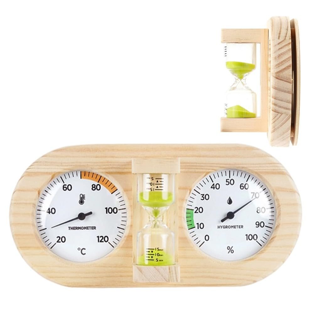 BildeeMait Elegant 3-in-1 Wooden Sauna Thermometer Hygrometer with 15-Minute Sand Timer Room, Cafe, Bathroom