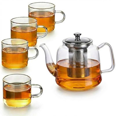 OFFASST Large Glass Teapot Set 1.5 Litre with Strainer Insert - Dishwasher Safe Tea Set with 4 Cups for Loose Tea, Perfect for Tea Party & Gift