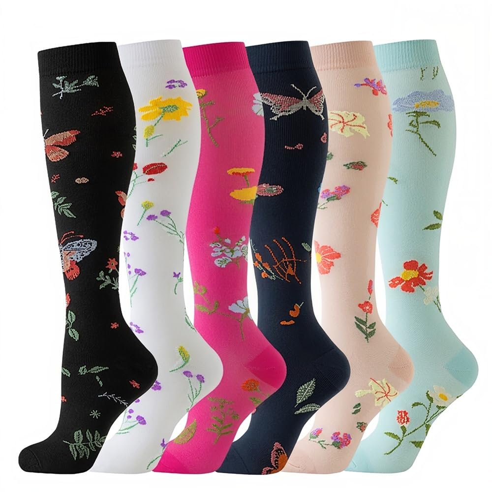6 Pairs Compression Socks for Women and Men,15-20 mmHg Circulation Support for Nursing Travel Athletic Cycling Running (07 Black/Pink/Blue, S-M)