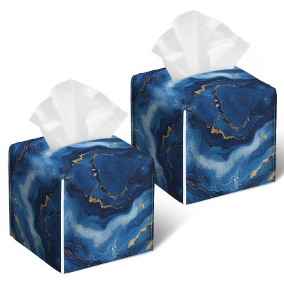 2 Pack Abstract Blue Gold Marble Tissue Box Cover Square PU Leather Tissue Box Holder Waterproof Facial Paper Organizer Dispenser for Bathroom Kitchen Home Office Car