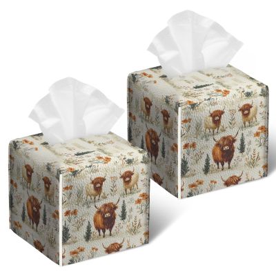 2 Pack Watercolor Highland Cows Tissue Box Cover Square Floral PU Leather Tissue Box Holder Waterproof Facial Paper Organizer Dispenser for Bathroom Kitchen Home Office Car
