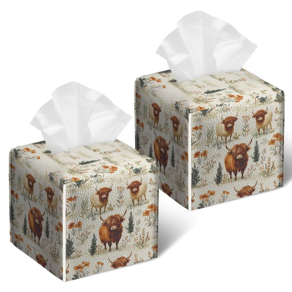 2 Pack Watercolor Highland Cows Tissue Box Cover Square Floral PU Leather Tissue Box Holder Waterproof Facial Paper Organizer Dispenser for Bathroom Kitchen Home Office Car