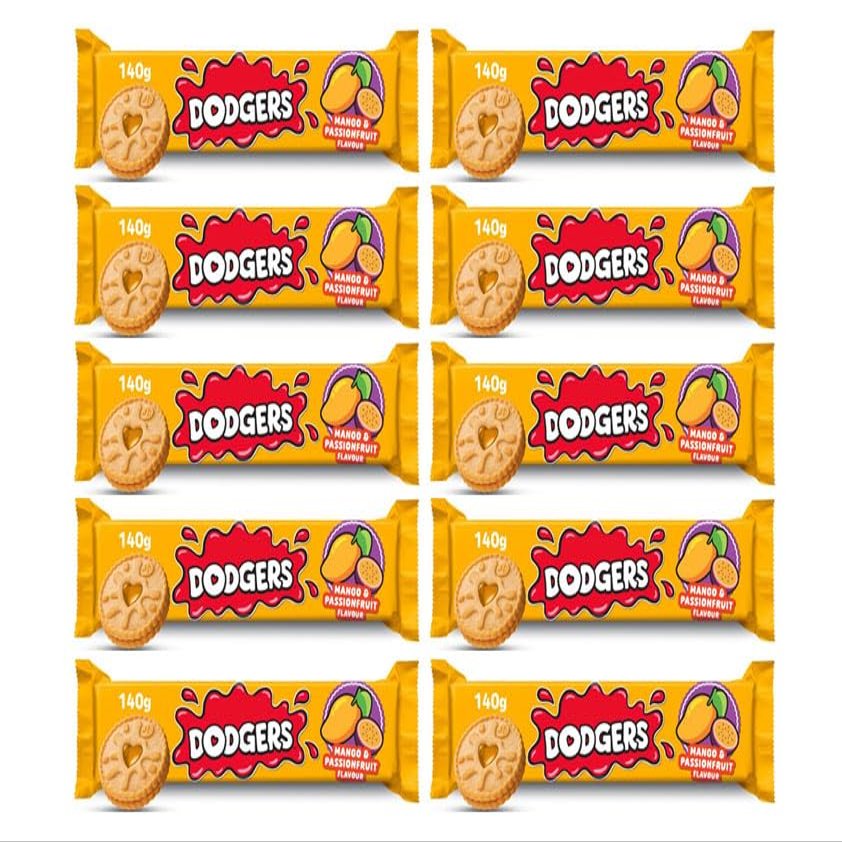 Dodgers Mango & Passion Fruit Flavour Biscuits, 140g, All Natural Colours and Flavours, Suitable for Vegans,Pack Of 10