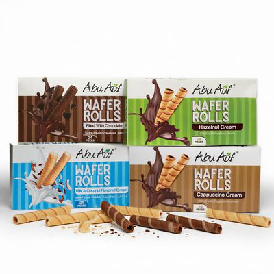 Abu Auf Wafer Rolls Bundle Pack - Mixed Flavours Milk & Chocolate, Hazelnut, Chocolate and Cappuccino, Crispy Wafer Snacks - 24 Pieces per Pack, Total 4 Packs, Ideal for Sharing