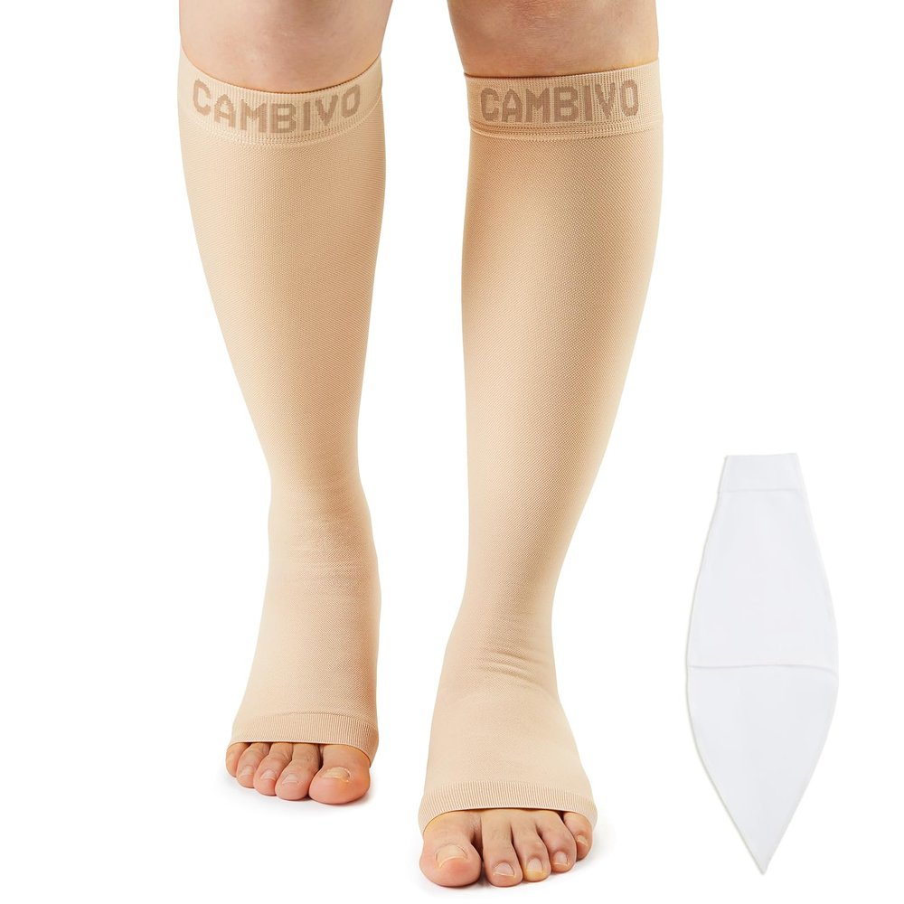 CAMBIVO Compression Socks for Women & Men, Flight Socks 20-30 mmHg Graduated Compression, Open Toe Calf Sleeves for Exercise Recovery, Sports, Running, Cycling, Travel, Nurse, Maternity 1 Pair