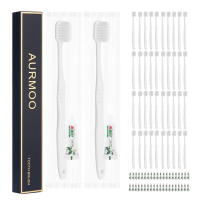 AURMOO Travel Toothbrush, 40 Disposable Toothbrushes with Toothpaste, Disposable Toothbrush, Toothbrushes for Hotel, Camping, Travel, Individually Wrapped, White