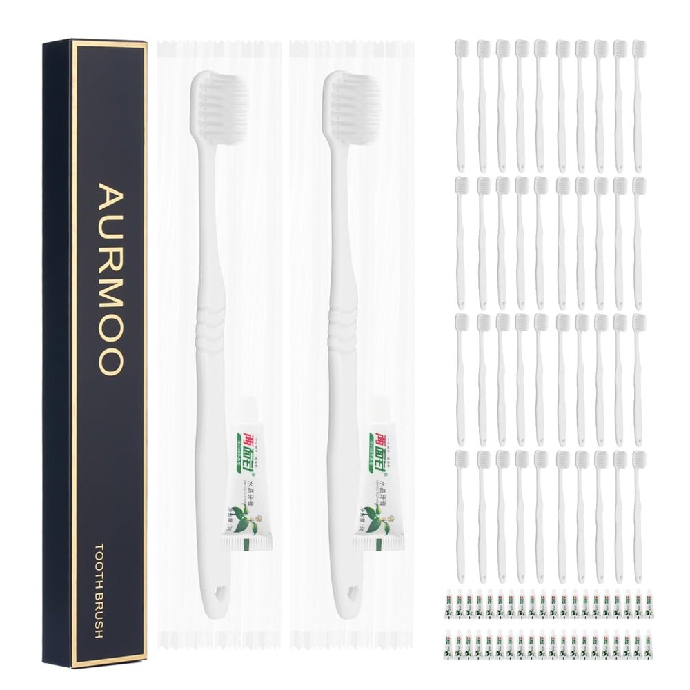 AURMOO Travel Toothbrush, 40 Disposable Toothbrushes with Toothpaste, Disposable Toothbrush, Toothbrushes for Hotel, Camping, Travel, Individually Wrapped, White