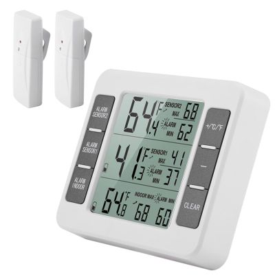 Blaihild Wireless Digital Refrigerator Thermometer, LCD Screen with Min Max Temperature Display and Audible Alarm, with 2 Sensors for Freezer and Indoor Outdoor Use