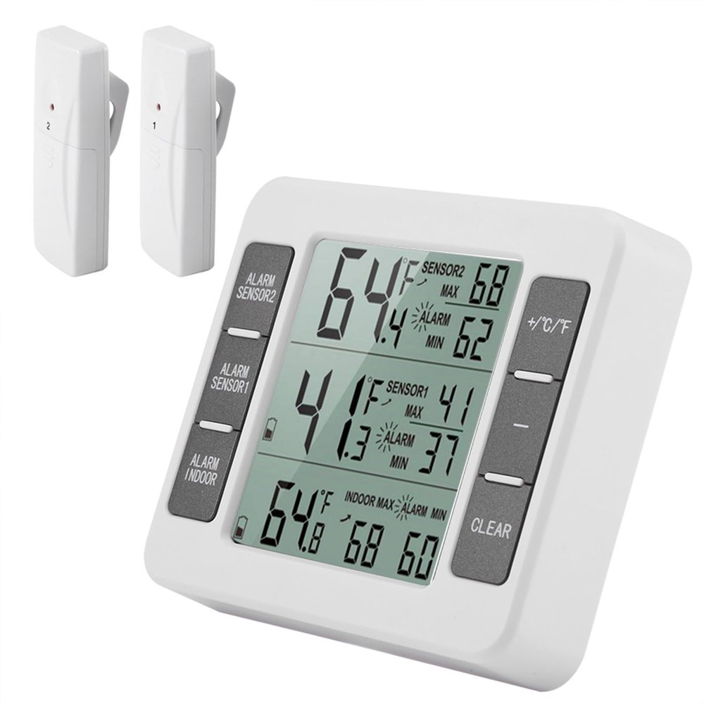 Blaihild Wireless Digital Refrigerator Thermometer, LCD Screen with Min Max Temperature Display and Audible Alarm, with 2 Sensors for Freezer and Indoor Outdoor Use