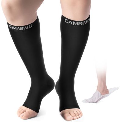 CAMBIVO Compression Socks for Women & Men, Flight Socks 20-30 mmHg Graduated Compression, Open Toe Calf Sleeves for Exercise Recovery, Travel, Nurse, Maternity 1 Pair