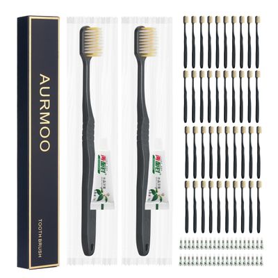 AURMOO Travel Toothbrush, 40 Disposable Toothbrushes with Toothpaste, Disposable Toothbrush, Toothbrushes for Hotel, Camping, Travel, Individually Wrapped, Black