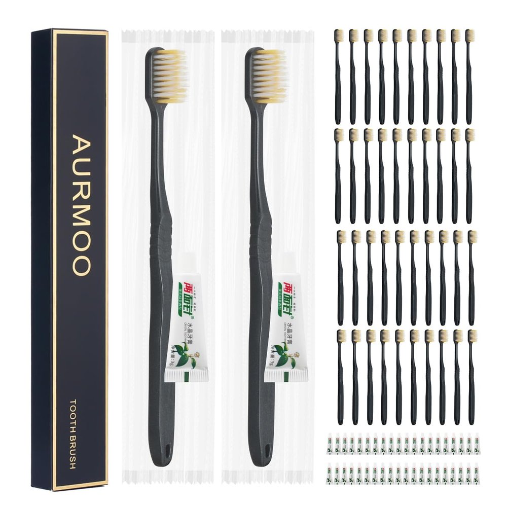 AURMOO Travel Toothbrush, 40 Disposable Toothbrushes with Toothpaste, Disposable Toothbrush, Toothbrushes for Hotel, Camping, Travel, Individually Wrapped, Black