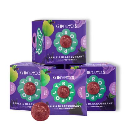Kidnetics Roly Poly Balls High Protein Fruit Snack for Kids, Gluten Free Healthy Snacks, Childrens Protein Balls with Natural Ingredients - No Added Sugar 15 x 20g Packets (Apple & Blackcurrant)