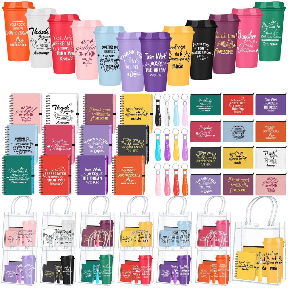 Yuminefeety 12 Sets / 72 Pcs Employee Appreciation Gifts Bulk 24 oz Inspirational Plastic Coffee Cup with Lid Notebook Ballpoint Pen Keychain Makeup Bag for Coworker Office Staff Team Group